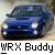 Pixelated blue sedan with headlights on, positioned at a slight angle against a blurred background, below which is text reading 'WRX Buddy' in blocky font.