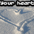 Snowy heart-shaped tracks in snow with text overlays and a small black icon changing position.