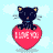 A static contact sheet of seven pixel-art animation frames showing a black cat sitting on a red heart with "I LOVE YOU" text, against a light blue background with white clouds.