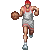 Pixelated basketball player in gray uniform with red trim running, holding brown ball, transitioning from full-body motion to dribbling stance.