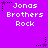 Purple background with white text reading "Jonas Brothers Rock" in three , surrounded by black and purple star-shaped pixel clusters