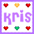 Two side-by-side pixel art display the name 'kris' with heart symbols in varying colors and positions across frames