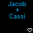 Blue pixelated text 'Jacob + Cassi' appears above a white heart symbol on black background.