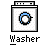 Pixelated washer-shaped icon with blue circular indicator and 'Washer' text below, showing animation frames of a penguin character inside the machine.