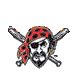 A pirate-themed icon with a skull wearing a red-and-black bandana and crossed baseball bats, displaying sequential text from 'P' to 'PIRATES' in orange block letters.