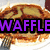 Pixelated waffles on a plate with fork, purple text overlays reading 'WAFFLEBUTTERFORK & SYRUP! together forever!' across two