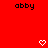 Red background with repeated 'abby' text and white heart/arrow symbols changing across frames.