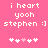 Pixelated pink background with white text reading "i heart yooh stephen :]" and five small hearts below, two of which are light pink.