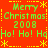 Red background with green text reading "Merry Christmas! 2008" and yellow "Ho! Ho! Ho" repeated, surrounded by yellow snowflake and dashed-line borders.