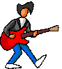 Pixelated figure with orange face and black hair plays red electric guitar in three distinct poses against gray background.
