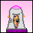 Pixelated character with green eyes and orange hair under a pink dome, wearing a gray outfit with purple base, transitioning from upright to bent posture.