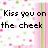 Pixelated text on a white background with pink and green square patterns, displaying phrases about kissing.