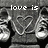 Black-and-white pixelated image with heart-shaped outlines and partial text fragments 'love is', 'the', and 'answer' over a background of repeated shoe-like shapes.