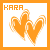 Animated icon with orange hearts and 'KARA' text, showing sequential changes in heart outline thickness and letter color across frames.