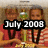 A static image shows two people in red and white striped shirts holding a yellow cake with candles, overlaid with text reading "July 2008".