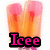 Four identical cartoon-style bunny ears with pink tips and orange bodies, each displaying the text 'Icee' in different colored outlines.