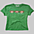 Green t-shirt with three circular cutouts showing skin-toned areas, paired with light gray pants featuring a small blue emblem on the upper right.
