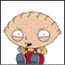 Animated cartoon character with large eyes and bald head in red overalls, showing sequential facial expressions from neutral to smiling.