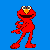 A 3x3 contact sheet of pixelated Elmo animation frames on a blue background with a pink text box containing "elmo" in cyan letters.