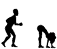 Animated contact sheet of 25 black silhouette stick figures performing various physical actions on white background with gray separators between rows.