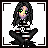 Pixelated character with long dark hair and green eyes in a seated pose, wearing a black and white striped top with a white skull design, displayed in a of animation frames