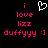 Pixelated text and symbols on black background: pink lowercase 'i', white heart outline, pink words 'love lizz duffyyy :]', all static.