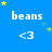 Blue background with repeated 'beans' text and '<3' symbols, yellow and light blue stars scattered across the scene.