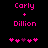 Pixelated text 'Carly + Dillion' in bright pink on black background with five heart symbols below, two versions showing different heart arrangements.