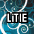 Pixelated icon with four distinct sections: blue swirls, text collage, colorful abstract shapes, and a gray area.