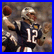 A football player in a dark blue jersey with number 12 throws a brown football, next to a New England Patriots logo on white background.