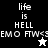 Pixelated text 'life is HELL EMO FTW<SEMO' appears on black and gray backgrounds with a white star and black star icon.