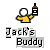 Pixelated character in yellow shirt holds brown bottle with white symbol, below text 'Jack's Buddy' on gray background.