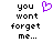 Pixelated text reads 'you wont forget me...' with a purple heart symbol above the text on a white background.
