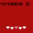 Red background with black text 'crombie & crombie &' at top and two of white and pink pixelated hearts below
