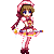 Pixel art character in pink and white outfit holding a sword, shown in three poses with varying leg positions and background elements.