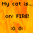 A pixelated image with orange and yellow flames as background, displaying text about a cat on fire and two emoticons.