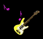 Yellow electric guitar with brown neck and black frets, surrounded by floating purple musical notes on a black background.