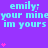 Purple background with repeated light blue text 'emily: your mineyour mineyour mine im yours im yours im yours' and scattered pink heart symbols.