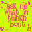 Bright yellow background with pink pixelated text reading "ask what you think about" in four repeated sections, surrounded by scattered pink geometric shapes.