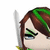 Pixelated close-up of a character's face with brown hair, green streaks, and closed eyes holding a silver sword.