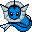 Four pixelated blue and white cartoon fish-like creatures with black eyes and fins, arranged in a on white background