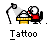 Animated contact sheet showing 10 frames of a pixel art tattoo artist icon with sequential animation changes from drawing to finished tattoos.