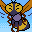 Pixel art contact sheet showing two frames of a bee-like character with yellow and purple body, brown wings, and black antennae against blue background.