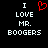 Black background with white pixelated text reading "I LOVE MR. BOOGERS" and a red heart symbol replacing the word "LOVE" in one version.