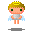 Pixelated character with blonde hair, green eyes, and pink cheeks; wears gray outfit with light blue wings on static frames.
