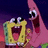 Pixelated cartoon characters Spongebob Squarepants and Patrick Star with wide-open mouths on a split background of dark blue and bright pink.