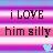 A static image with repeating horizontal stripes of pink, purple, and blue containing text 'i LOVE him silly' and alternating light blue and pink hearts.