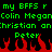 Green pixelated text on black background with red flame graphics at bottom, displaying repeated phrases and names.