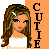 Pixel art icon of a cartoon woman with long brown hair and blue eyes, wearing a white top against an orange background with vertical text reading "CUTIE".