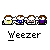 Animated contact sheet of 12 AIM buddy icon frames showing Weezer band members and stylized 'W' logo variations on gray background.